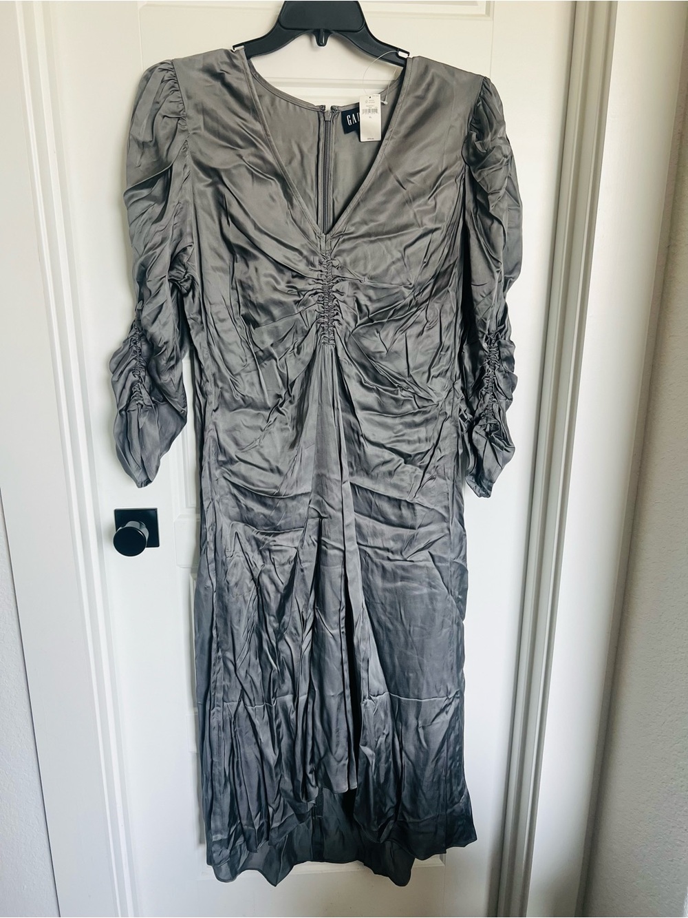 GAP Silver Ruched V-Neck Midi Dress